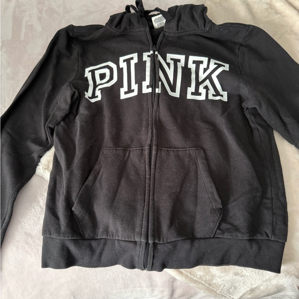 PINK Black Hoodie with White Lettering